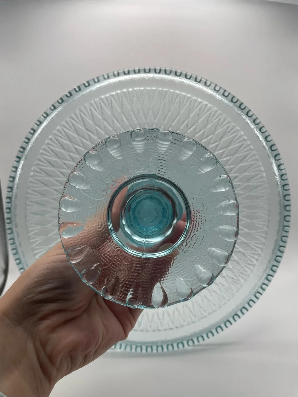 Vintage Blue Glass Jeanette Harp Design Cake Pedestal